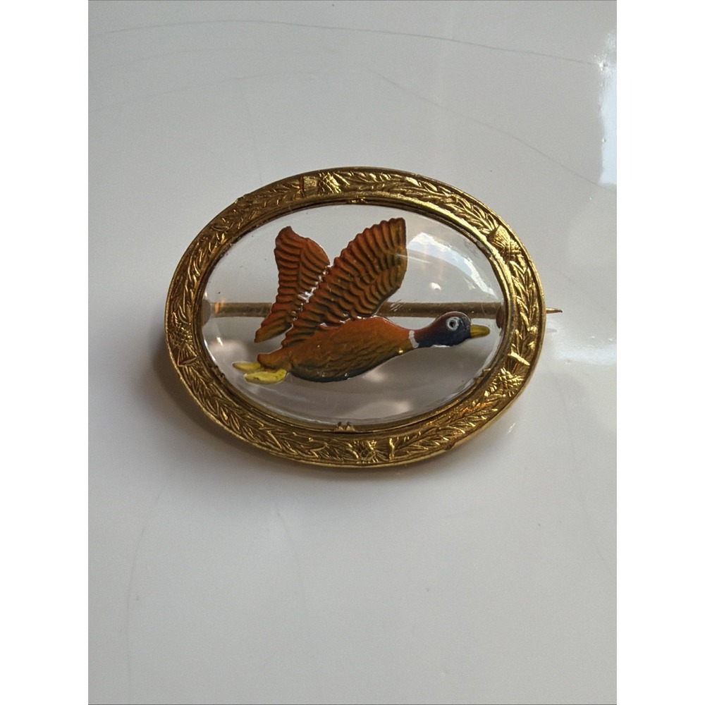 Vintage Mizpah 1950's Gilt Reverse Carved Glass Hand Painted Flying Duck HTF